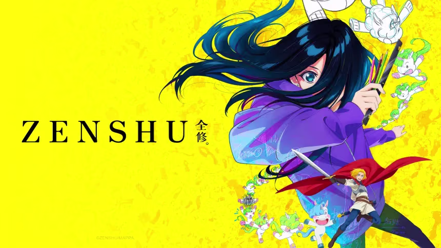 ZENSHU promotional image for the anime. Has the main character, a girl with long black hair in a purple sweater, with a pinbar in her hand. Her drawings are coming to life.